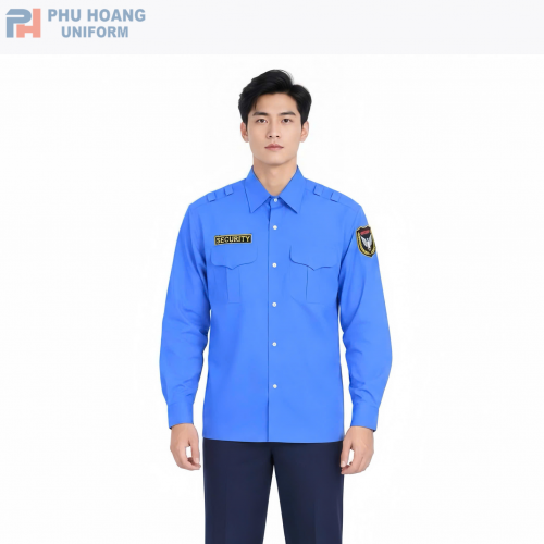 Áo bảo vệ tay dài bo gấu màu xanh dương, thiết kế lịch sự, chuyên nghiệp, phù hợp làm đồng phục bảo vệ.