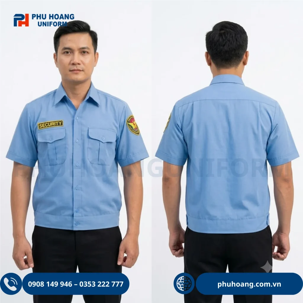 Áo Bảo Vệ Tay Ngắn Bo Gấu Áo bảo vệ tay ngắn bo gấu màu xanh, kiểu dáng gọn nhẹ với hai túi ngực tiện dụng, dễ phối cùng quần đồng phục bảo vệ.