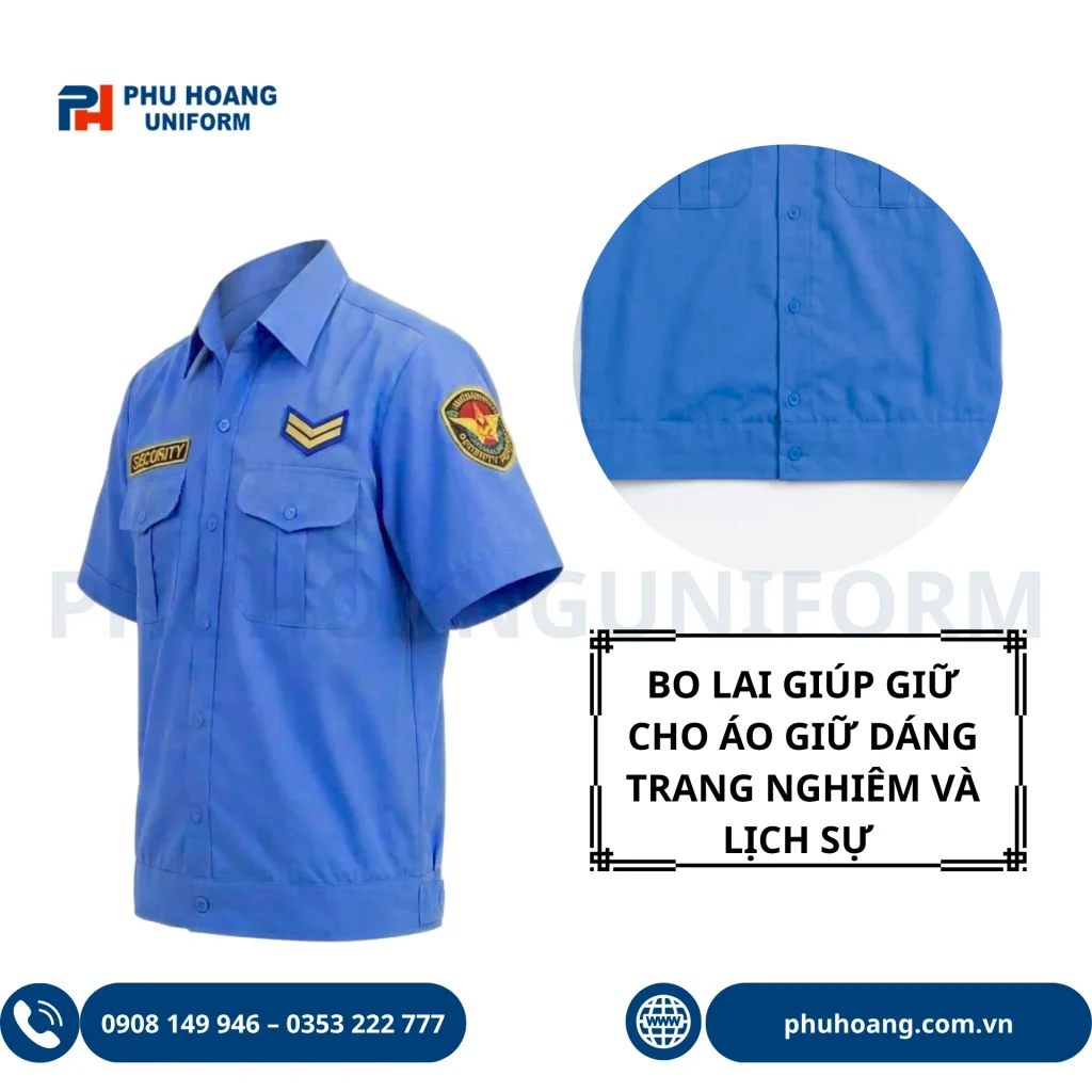 Áo Bảo Vệ Tay Ngắn Bo Gấu Áo bảo vệ tay ngắn bo gấu màu xanh, kiểu dáng gọn nhẹ với hai túi ngực tiện dụng, dễ phối cùng quần đồng phục bảo vệ.