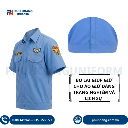 Áo bảo vệ tay ngắn bo gấu màu xanh, kiểu dáng gọn nhẹ với hai túi ngực tiện dụng, dễ phối cùng quần đồng phục bảo vệ.
