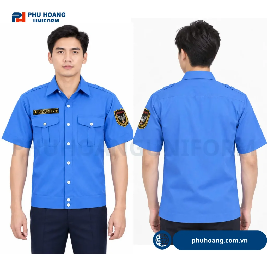 Áo Bảo Vệ Tay Ngắn Bo Gấu Áo bảo vệ tay ngắn bo gấu màu xanh, kiểu dáng gọn nhẹ với hai túi ngực tiện dụng, dễ phối cùng quần đồng phục bảo vệ.