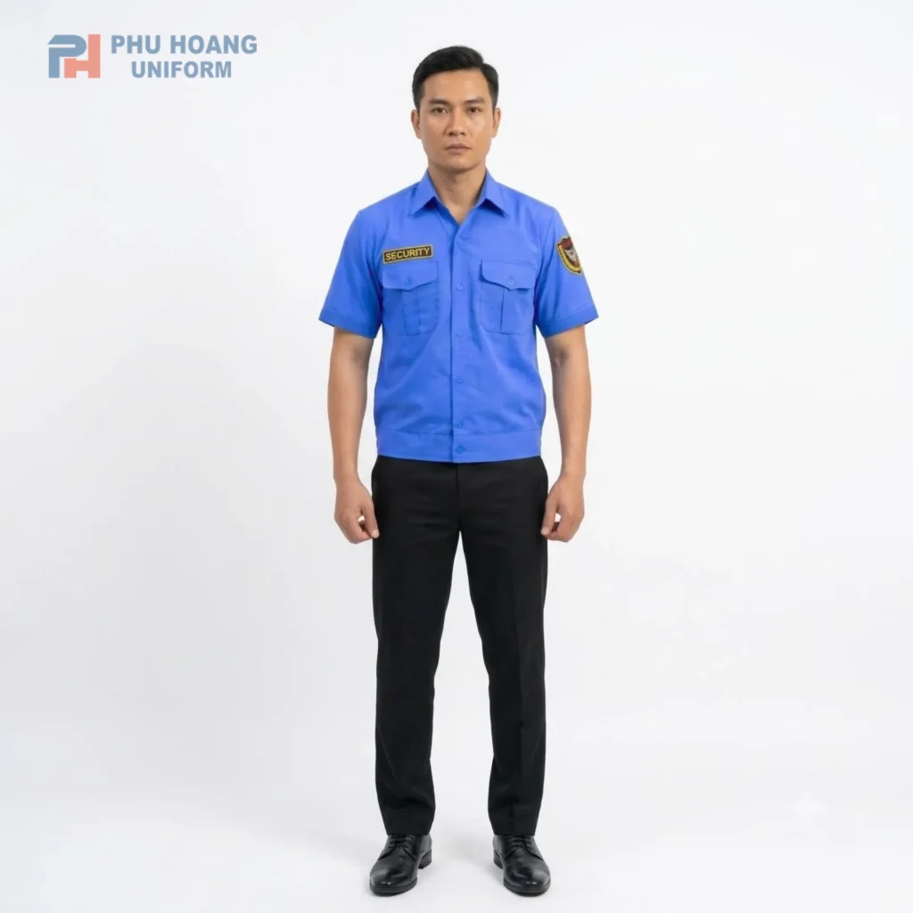 Áo Bảo Vệ Tay Ngắn Bo Gấu Áo bảo vệ tay ngắn bo gấu màu xanh, kiểu dáng gọn nhẹ với hai túi ngực tiện dụng, dễ phối cùng quần đồng phục bảo vệ.
