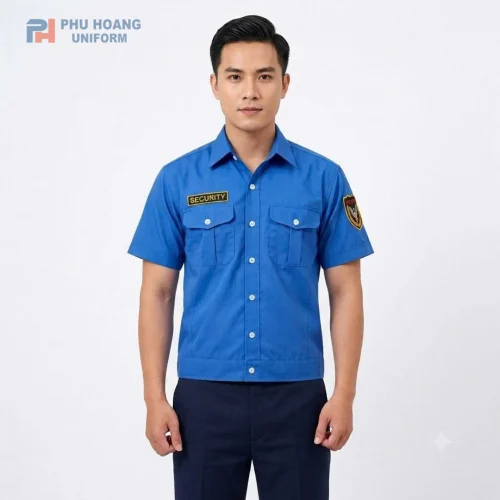 Áo bảo vệ tay ngắn bo gấu màu xanh, kiểu dáng gọn nhẹ với hai túi ngực tiện dụng, dễ phối cùng quần đồng phục bảo vệ.