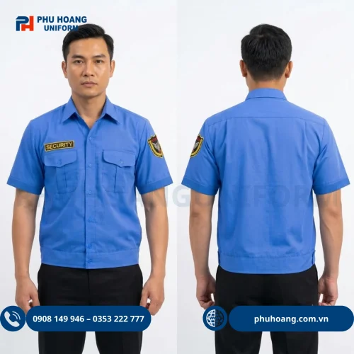 Áo bảo vệ tay ngắn bo gấu màu xanh, kiểu dáng gọn nhẹ với hai túi ngực tiện dụng, dễ phối cùng quần đồng phục bảo vệ.