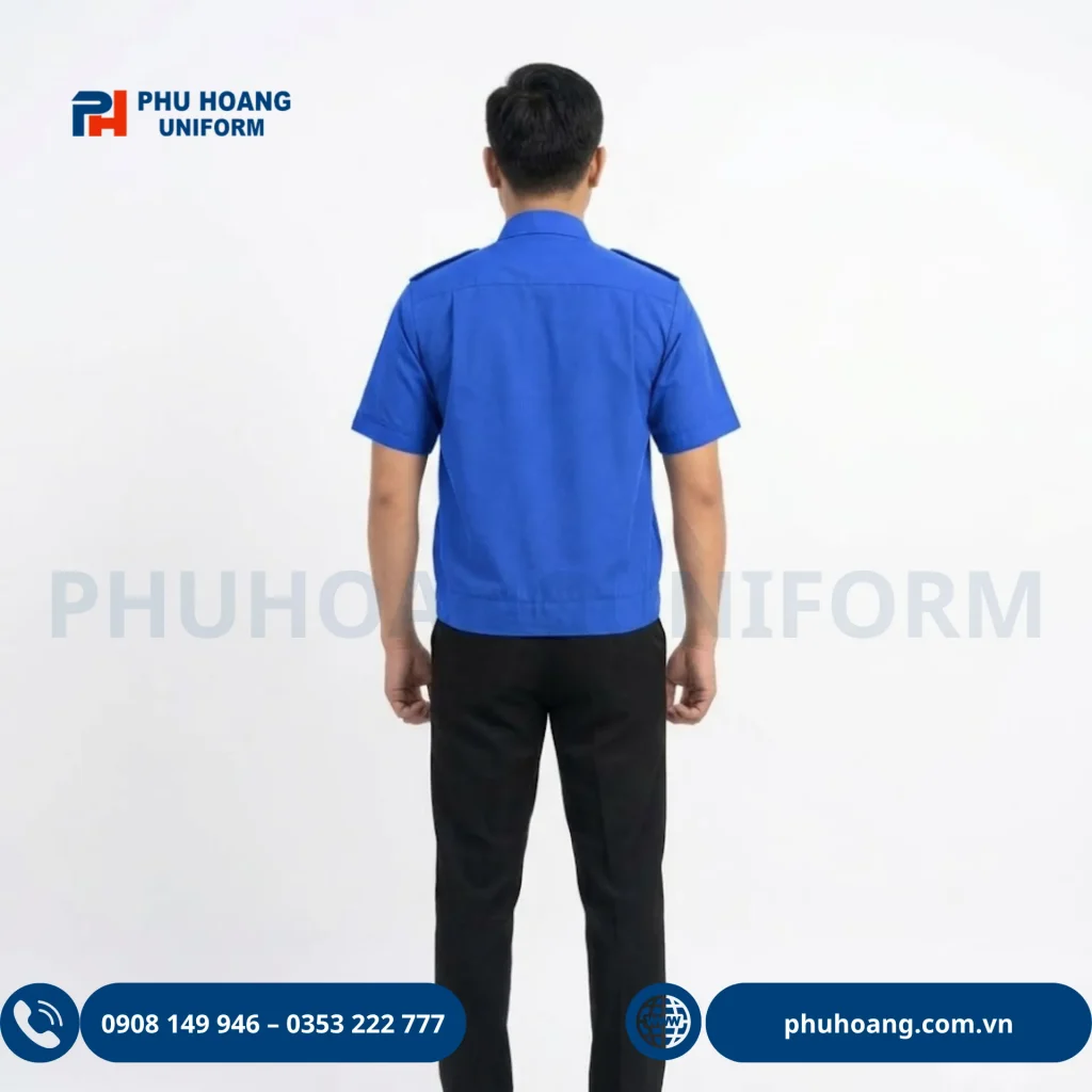 Áo Bảo Vệ Tay Ngắn Bo Gấu Áo bảo vệ tay ngắn bo gấu màu xanh, kiểu dáng gọn nhẹ với hai túi ngực tiện dụng, dễ phối cùng quần đồng phục bảo vệ.