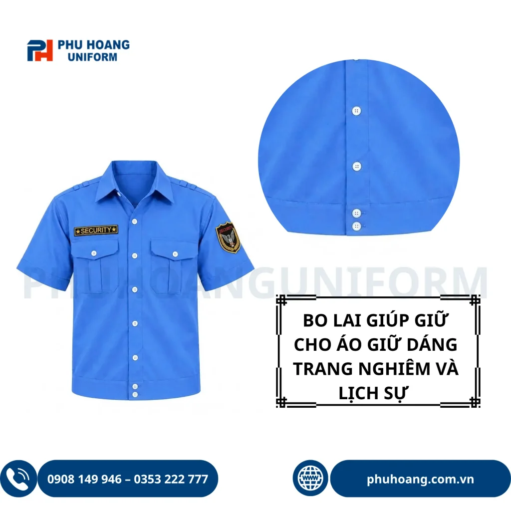 Áo Bảo Vệ Tay Ngắn Bo Gấu Áo bảo vệ tay ngắn bo gấu màu xanh, kiểu dáng gọn nhẹ với hai túi ngực tiện dụng, dễ phối cùng quần đồng phục bảo vệ.