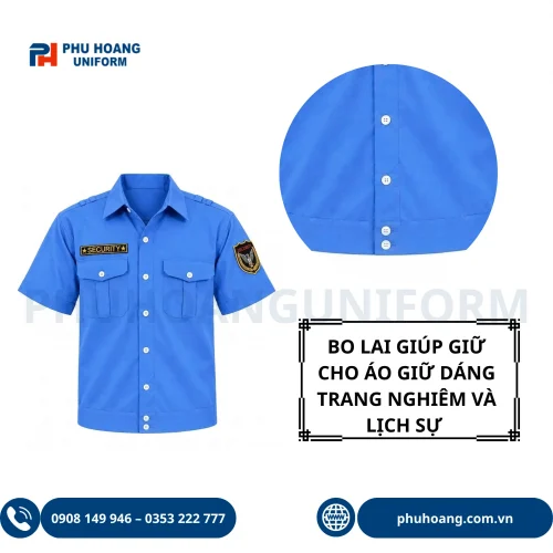 Áo bảo vệ tay ngắn bo gấu màu xanh, kiểu dáng gọn nhẹ với hai túi ngực tiện dụng, dễ phối cùng quần đồng phục bảo vệ.