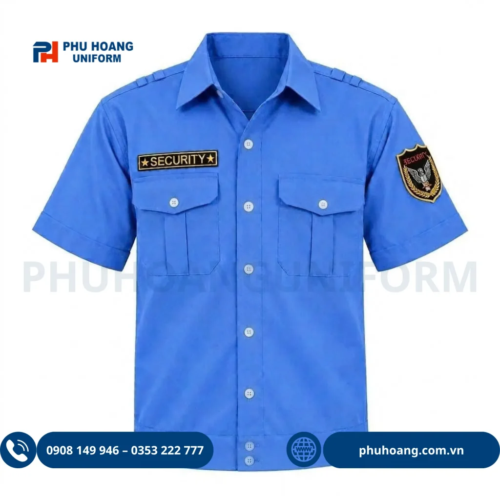 Áo Bảo Vệ Tay Ngắn Bo Gấu Áo bảo vệ tay ngắn bo gấu màu xanh, kiểu dáng gọn nhẹ với hai túi ngực tiện dụng, dễ phối cùng quần đồng phục bảo vệ.