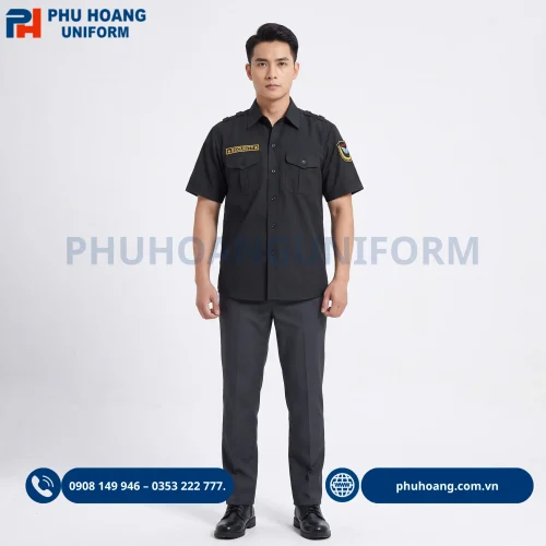 Áo bảo vệ tay ngắn màu đen, thiết kế chuyên nghiệp, form áo gọn gàng, phù hợp làm đồng phục bảo vệ công ty, tòa nhà, nhà hàng.