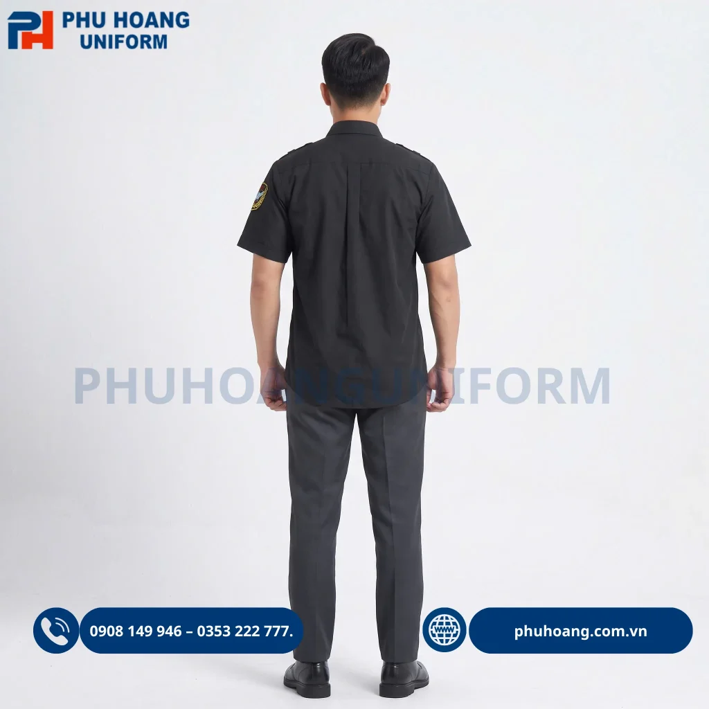 Áo bảo vệ tay ngắn màu đen do Phú Hoàng sản xuất Áo bảo vệ tay ngắn màu đen, thiết kế chuyên nghiệp, form áo gọn gàng, phù hợp làm đồng phục bảo vệ công ty, tòa nhà, nhà hàng.