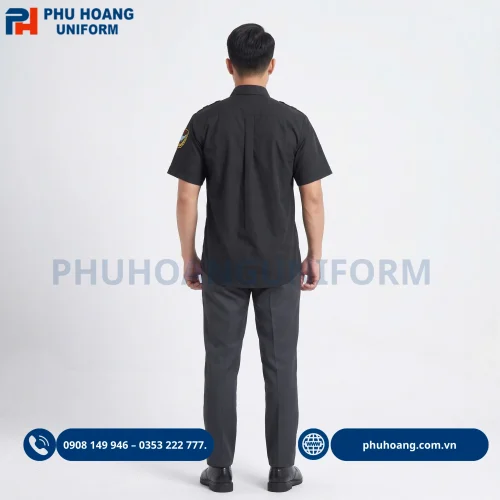 Áo bảo vệ tay ngắn màu đen, thiết kế chuyên nghiệp, form áo gọn gàng, phù hợp làm đồng phục bảo vệ công ty, tòa nhà, nhà hàng.