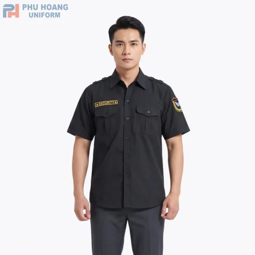 Áo bảo vệ tay ngắn màu đen, thiết kế chuyên nghiệp, form áo gọn gàng, phù hợp làm đồng phục bảo vệ công ty, tòa nhà, nhà hàng.