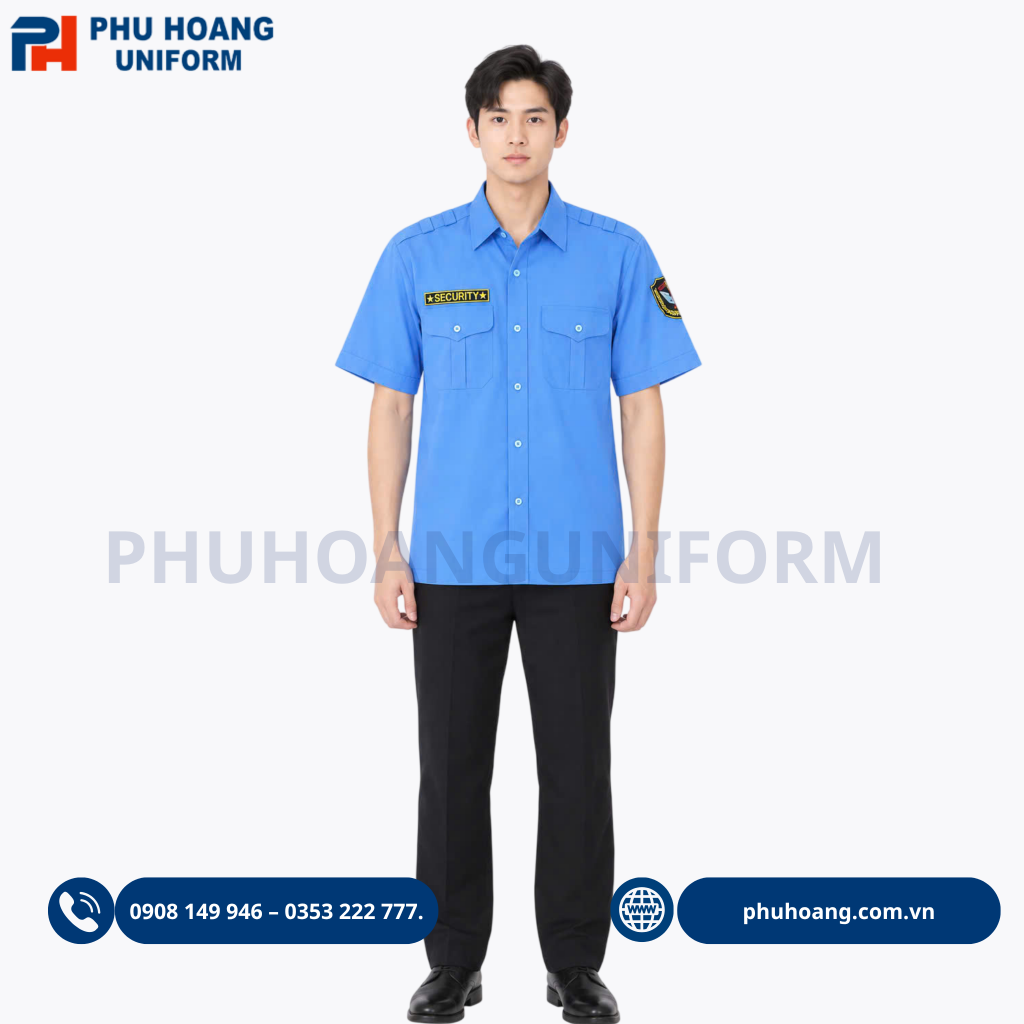 Áo bảo vệ tay ngắn màu xanh dương cao cấp, form chuẩn đẹp do Phú Hoàng sản xuất. Xưởng may Đồng phục Phú Hoàng chuyên cung cấp áo bảo vệ tay ngắn màu xanh cao cấp