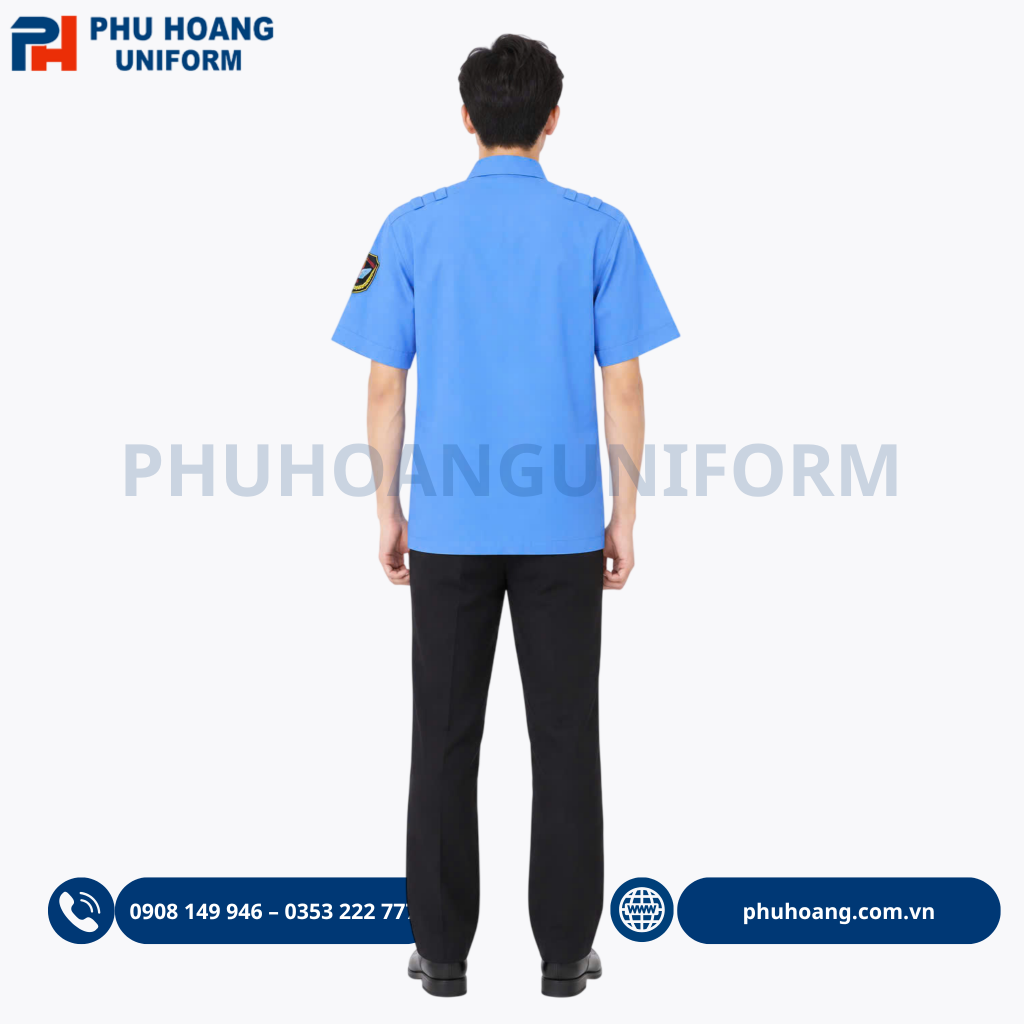 Áo bảo vệ tay ngắn màu xanh dương cao cấp, form chuẩn đẹp do Phú Hoàng sản xuất. Xưởng may Đồng phục Phú Hoàng chuyên cung cấp áo bảo vệ tay ngắn màu xanh cao cấp