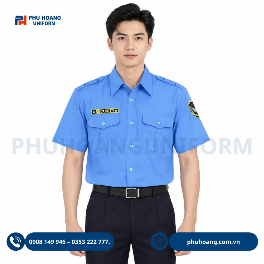 Áo bảo vệ tay ngắn màu xanh dương cao cấp, form chuẩn đẹp do Phú Hoàng sản xuất. Xưởng may Đồng phục Phú Hoàng chuyên cung cấp áo bảo vệ tay ngắn màu xanh cao cấp