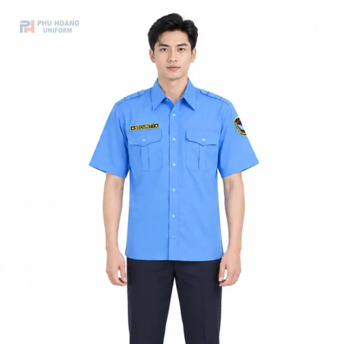 Xưởng may Đồng phục Phú Hoàng chuyên cung cấp áo bảo vệ tay ngắn màu xanh cao cấp