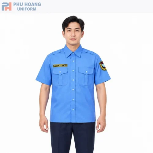 Xưởng may Đồng phục Phú Hoàng chuyên cung cấp áo bảo vệ tay ngắn màu xanh cao cấp