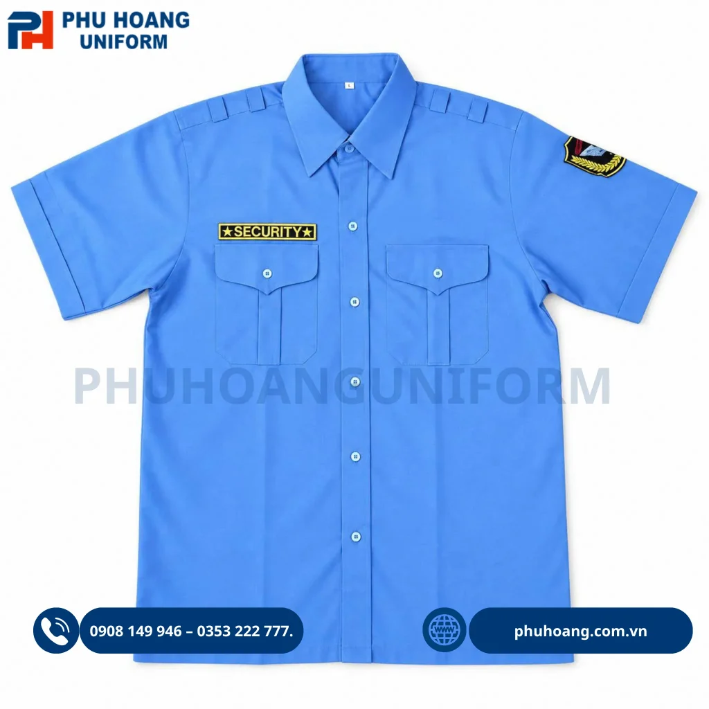 Áo bảo vệ tay ngắn màu xanh dương cao cấp, form chuẩn đẹp do Phú Hoàng sản xuất. Xưởng may Đồng phục Phú Hoàng chuyên cung cấp áo bảo vệ tay ngắn màu xanh cao cấp