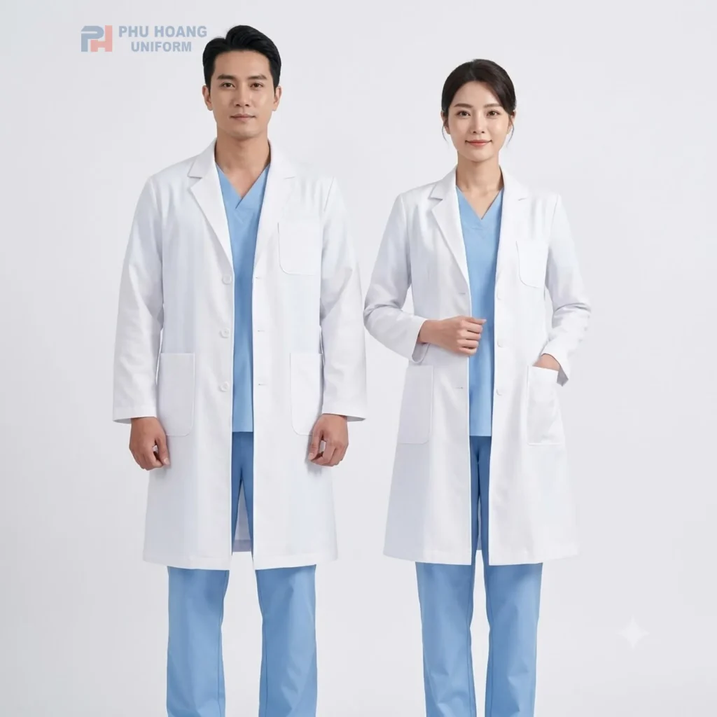 Áo blouse bác sĩ tay dài nam nữ màu trắng cao cấp Phú Hoàng Uniform Áo blouse bác sĩ tay dài nam nữ màu trắng cao cấp Phú Hoàng Uniform