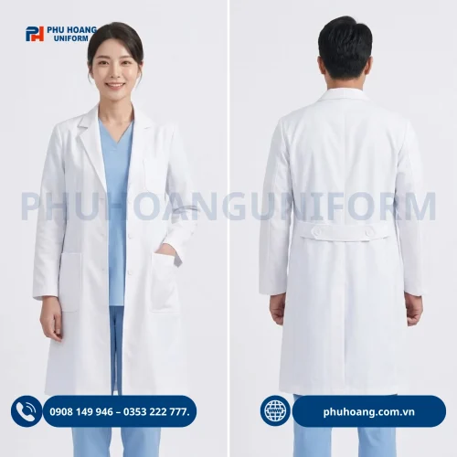 Áo blouse bác sĩ tay dài nam nữ màu trắng cao cấp Phú Hoàng Uniform
