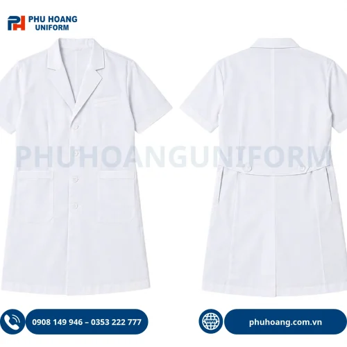 Hình ảnh mặt trước mẫu áo blouse bác sĩ tay ngắn nam màu trắng cao cấp, form chuẩn y tế của Phú Hoàng Uniform.