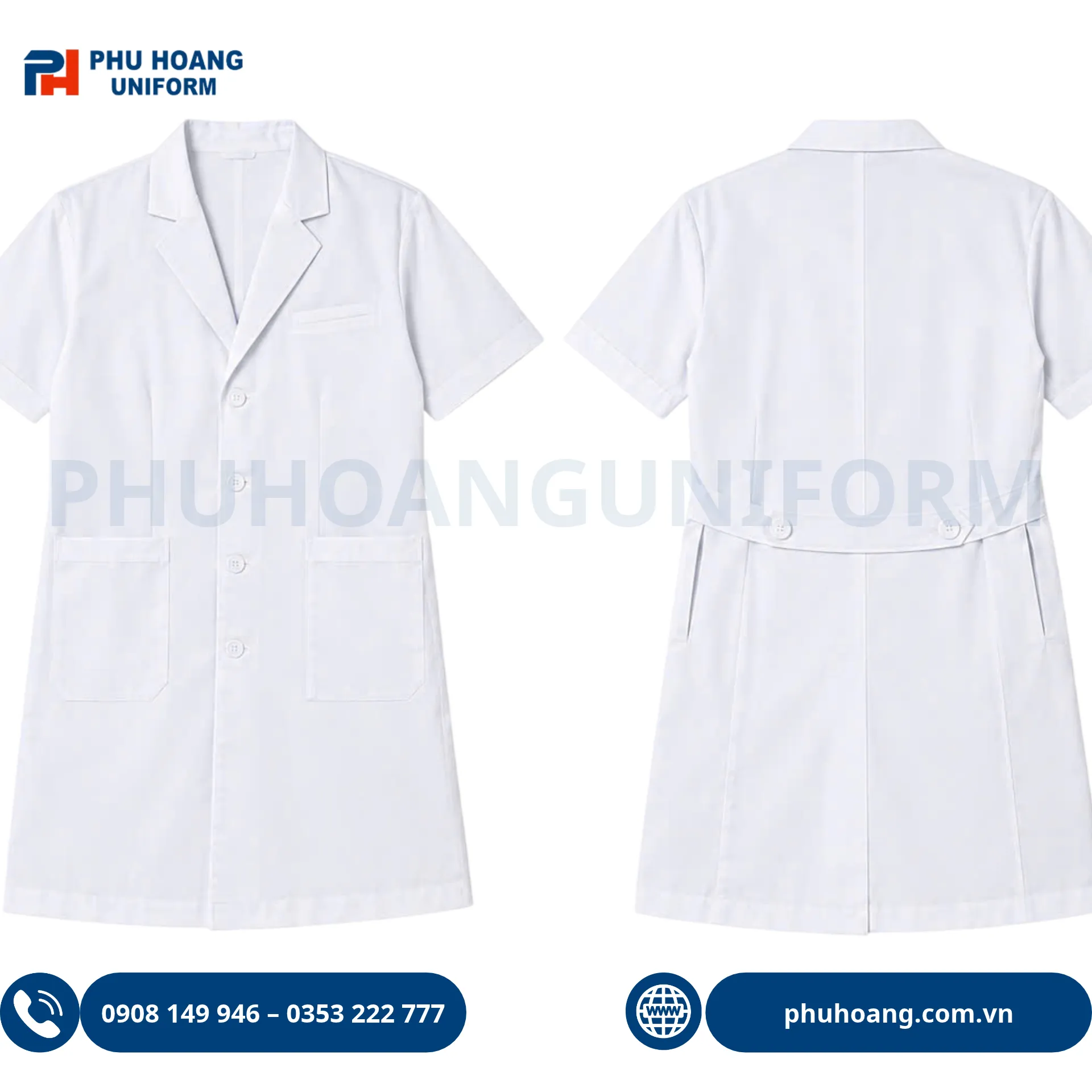 ao-blouse-bac-si-tay-ngan (1) Hình ảnh mặt trước mẫu áo blouse bác sĩ tay ngắn nam màu trắng cao cấp, form chuẩn y tế của Phú Hoàng Uniform.