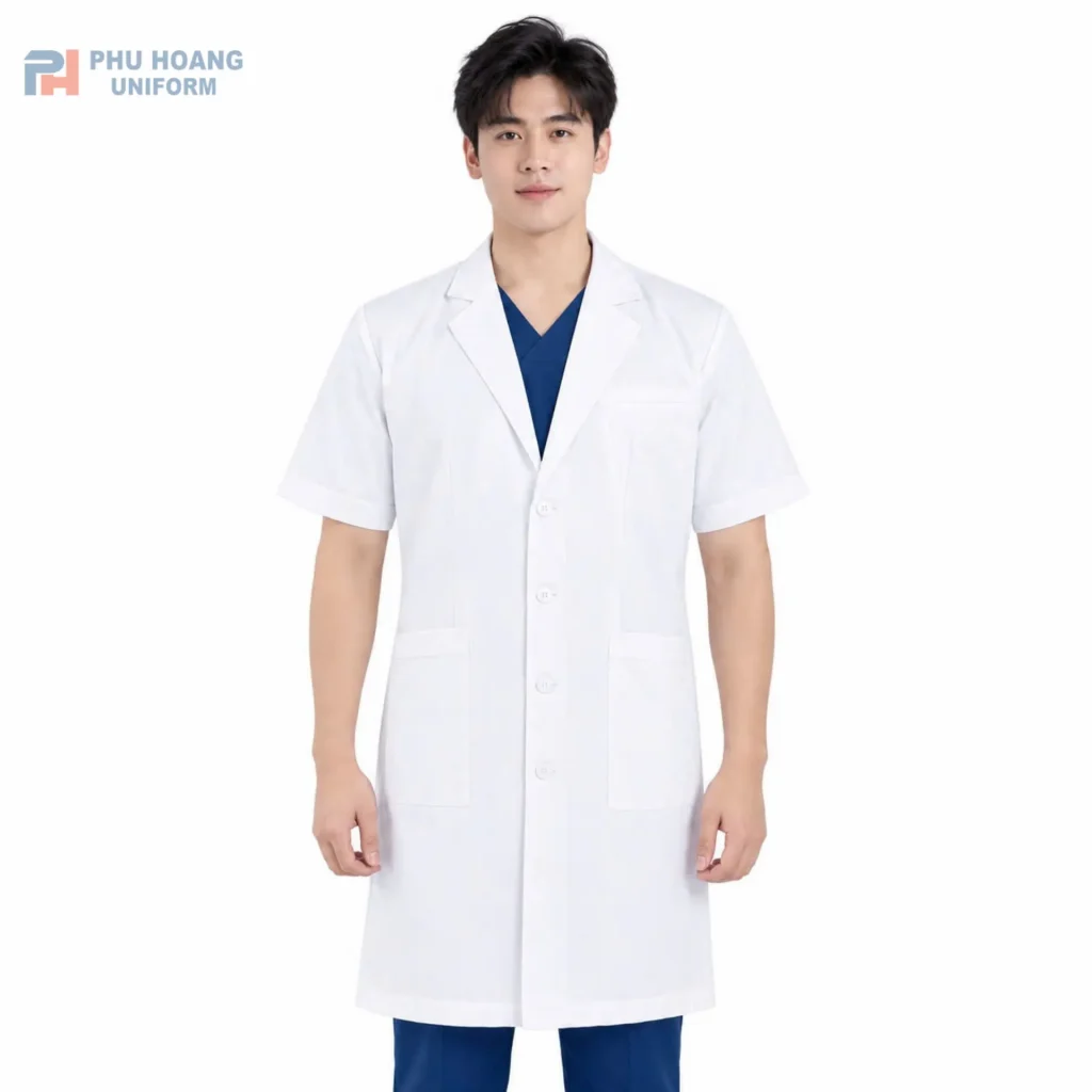Mẫu áo blouse bác sĩ tay ngắn Hình ảnh mẫu áo blouse bác sĩ tay ngắn nam màu trắng cao cấp, form chuẩn y tế của Phú Hoàng Uniform.