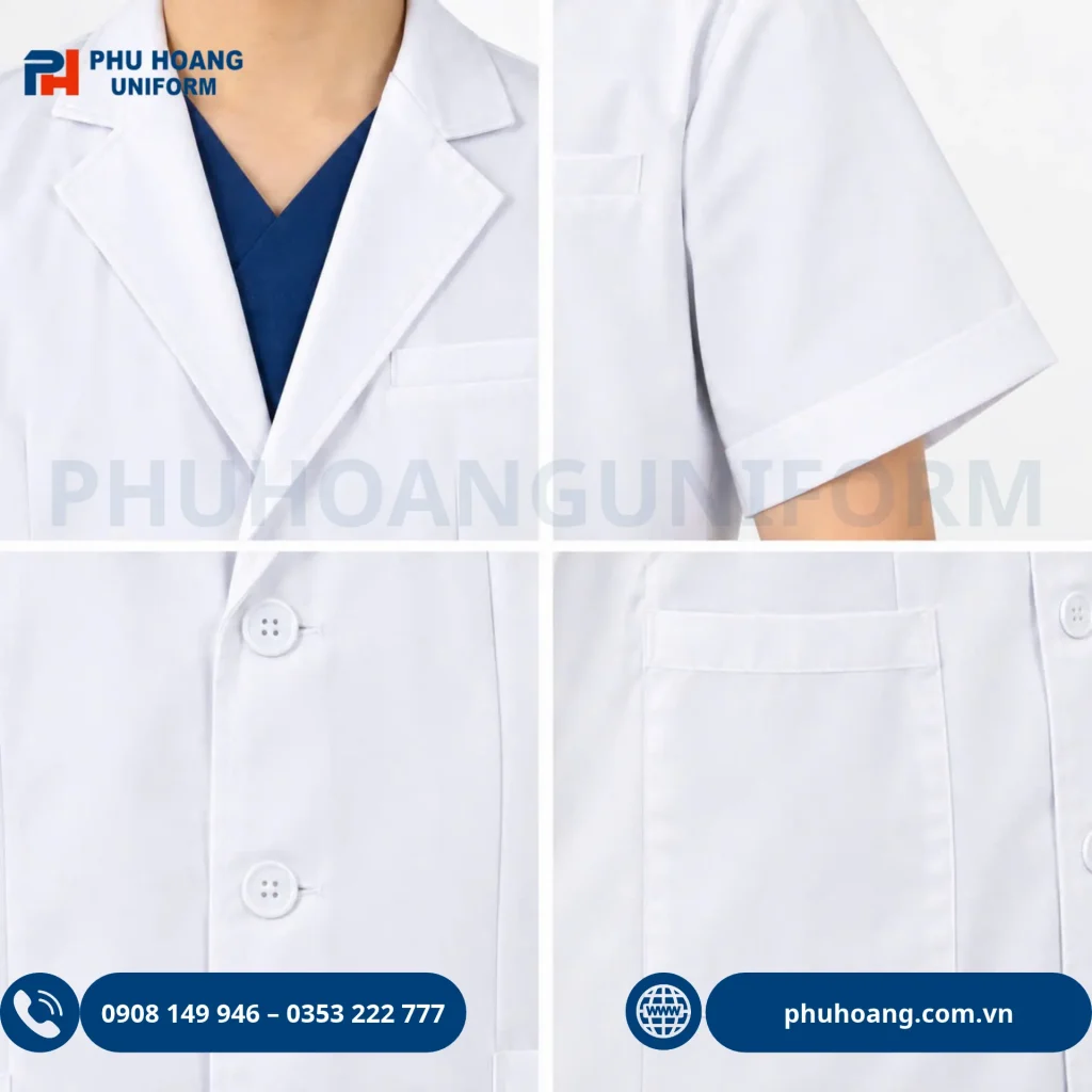 Mẫu áo blouse bác sĩ tay ngắn Hình ảnh mặt trước mẫu áo blouse bác sĩ tay ngắn nam màu trắng cao cấp, form chuẩn y tế của Phú Hoàng Uniform.