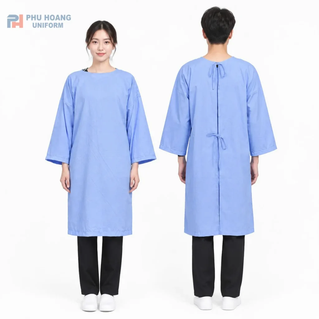Áo choàng bệnh nhân do Phú Hoàng sản xuất Hình ảnh nam và nữ mặc áo choàng bệnh nhân màu xanh cao cấp, thiết kế rộng rãi chuẩn y tế của Đồng Phục Phú Hoàng.