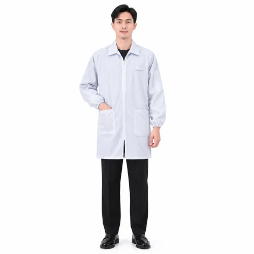 Áo choàng phòng sạch chống tĩnh điện khóa kéo màu trắng sọc đen