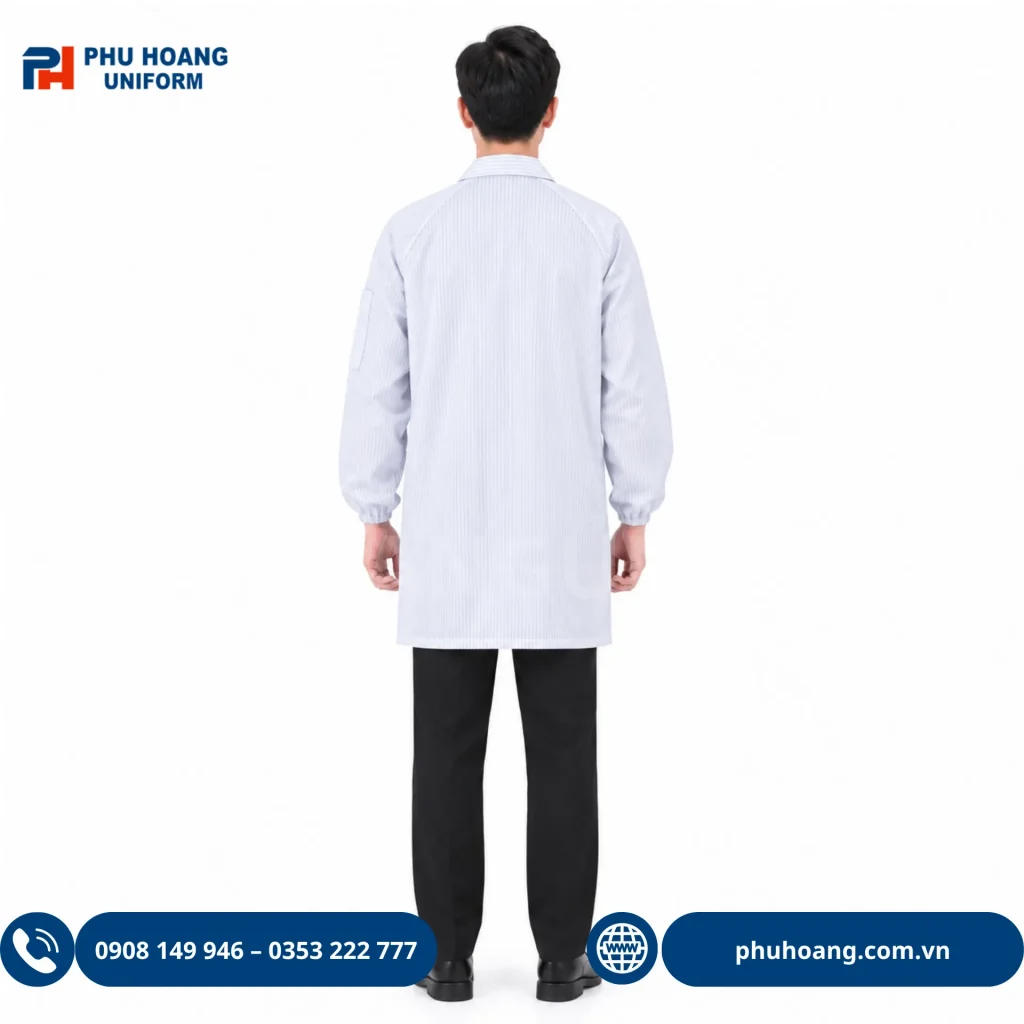 Áo choàng phòng sạch chống tĩnh điện khóa kéo màu trắng sọc đen Áo choàng phòng sạch chống tĩnh điện khóa kéo màu trắng sọc đen