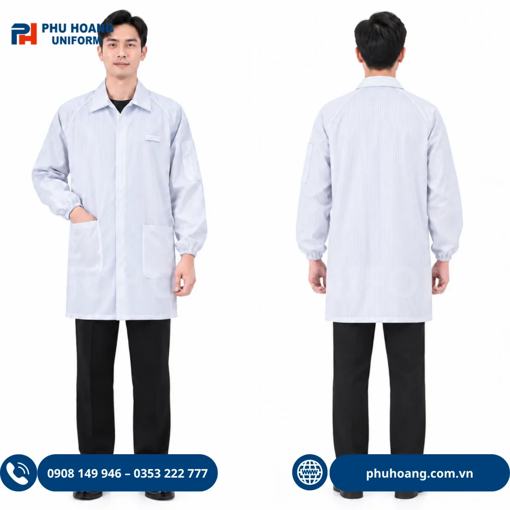 Áo choàng phòng sạch chống tĩnh điện khóa kéo màu trắng sọc đen Áo choàng phòng sạch chống tĩnh điện khóa kéo màu trắng sọc đen