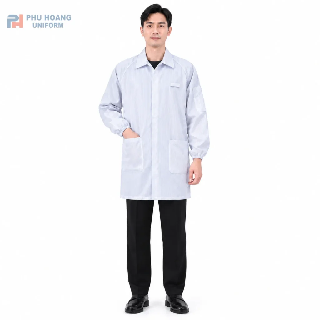 Áo choàng phòng sạch chống tĩnh điện khóa kéo màu trắng sọc đen Áo choàng phòng sạch chống tĩnh điện khóa kéo màu trắng sọc đen