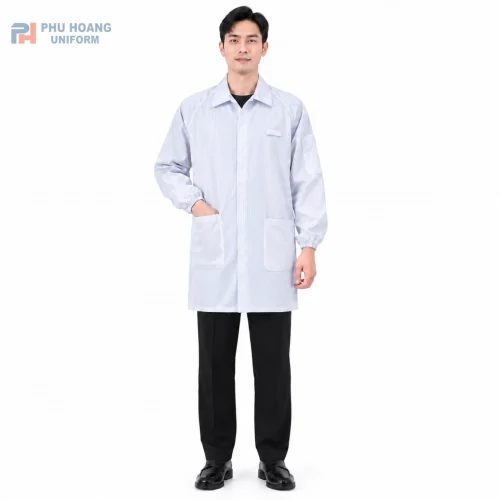Áo choàng phòng sạch chống tĩnh điện khóa kéo màu trắng sọc đen