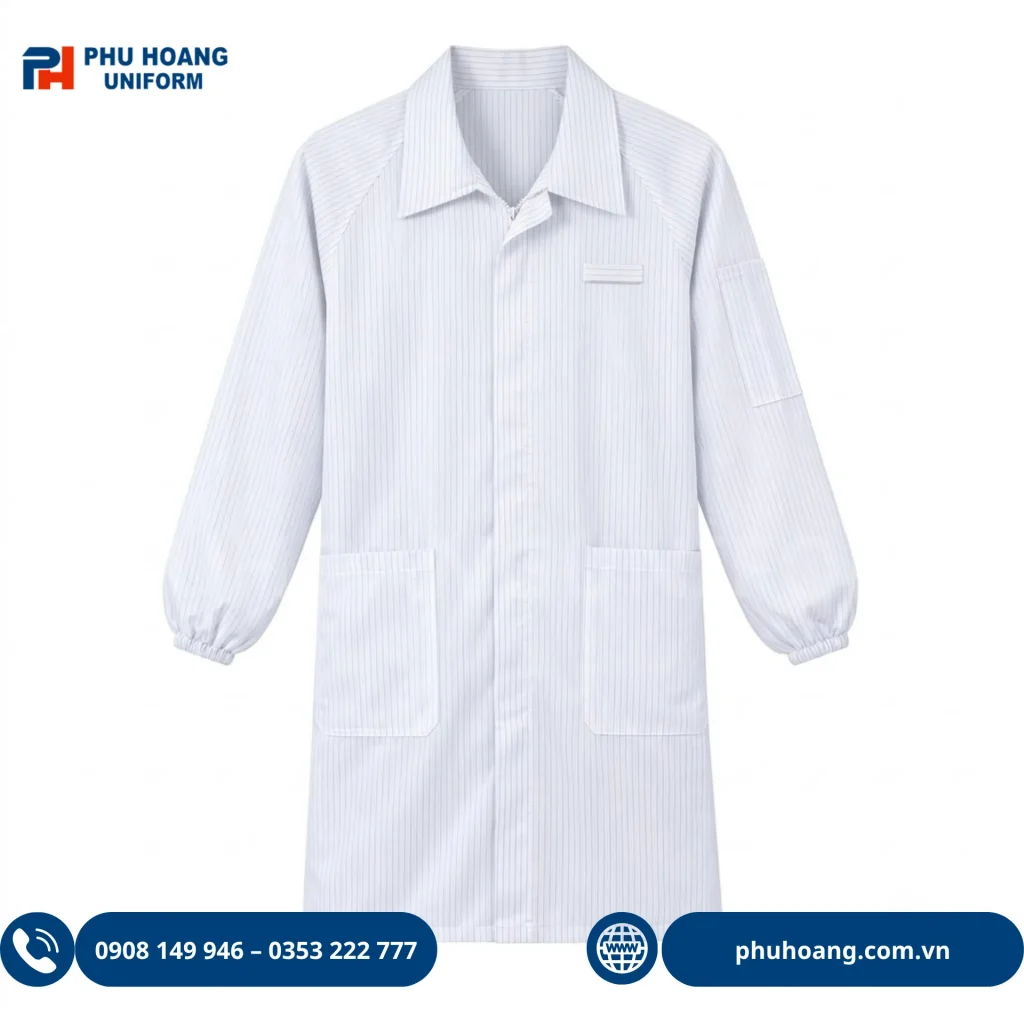 Áo choàng phòng sạch chống tĩnh điện khóa kéo màu trắng sọc đen Áo choàng phòng sạch chống tĩnh điện khóa kéo màu trắng sọc đen