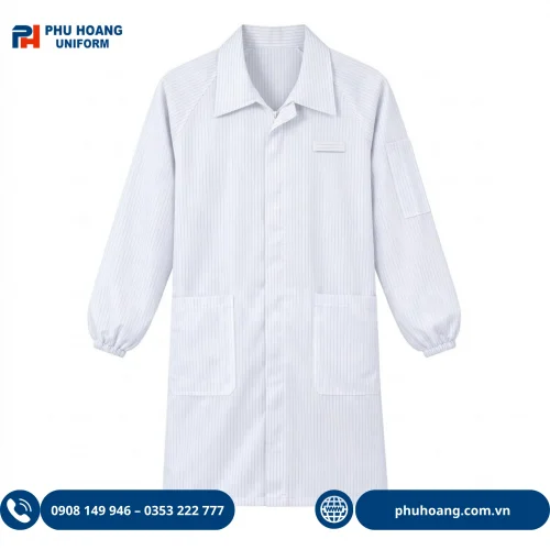 Áo choàng phòng sạch chống tĩnh điện khóa kéo màu trắng sọc đen