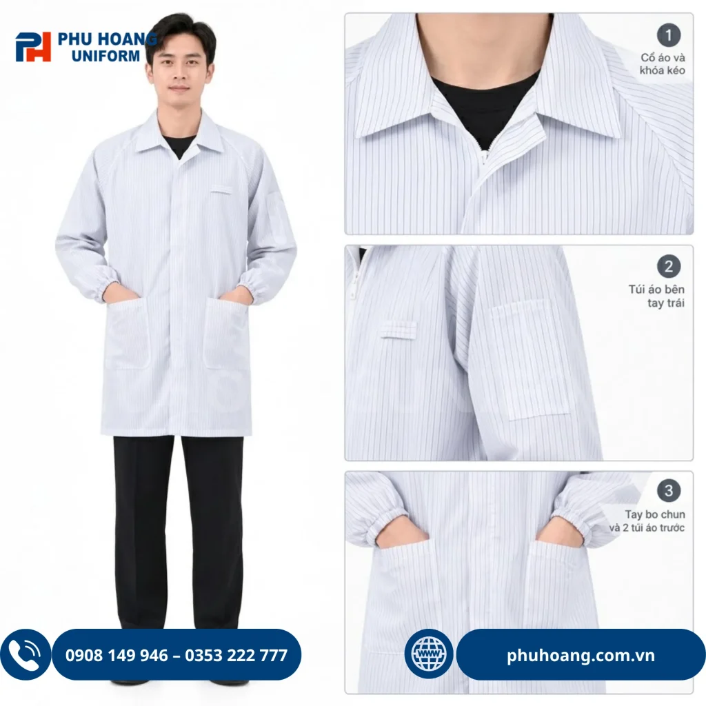 Áo choàng phòng sạch chống tĩnh điện khóa kéo màu trắng sọc đen Áo choàng phòng sạch chống tĩnh điện khóa kéo màu trắng sọc đen