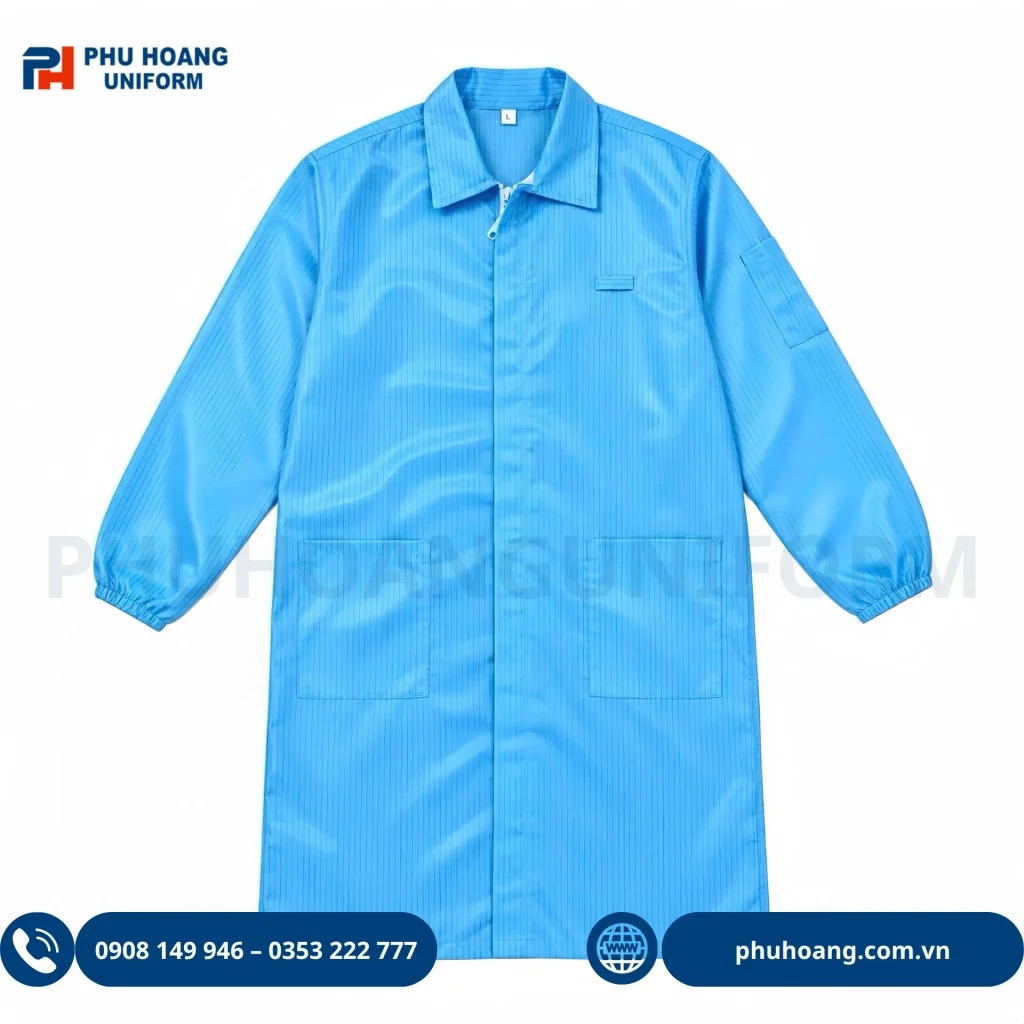 Áo choàng phòng sạch chống tĩnh điện khóa kéo màu xanh Hình ảnh áo choàng phòng sạch chống tĩnh điện khóa kéo màu xanh cao cấp tại Đồng Phục Phú Hoàng.