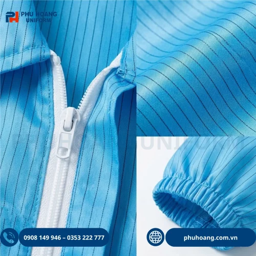 Hình ảnh áo choàng phòng sạch chống tĩnh điện khóa kéo màu xanh cao cấp tại Đồng Phục Phú Hoàng.