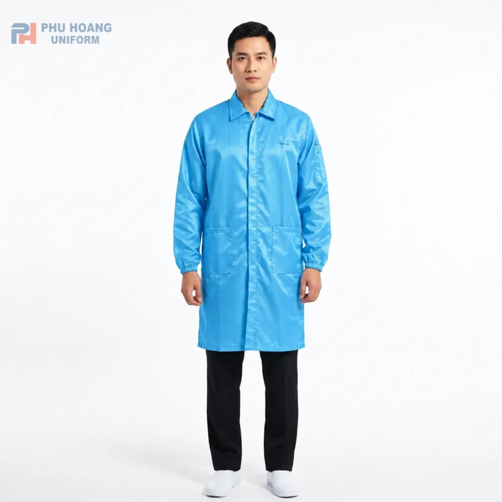 Áo choàng phòng sạch chống tĩnh điện khóa kéo màu xanh Hình ảnh áo choàng phòng sạch chống tĩnh điện khóa kéo màu xanh cao cấp tại Đồng Phục Phú Hoàng.