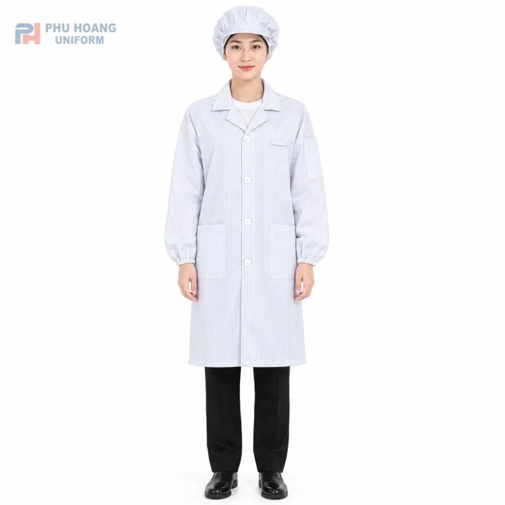 Áo choàng phòng chống sạch tĩnh điện màu trắng sọc đen chống tĩnh điện của Phú Hoàng Uniform Áo choàng phòng sạch chống tĩnh điện màu trắng sọc đen chống tĩnh điện của Phú Hoàng Uniform