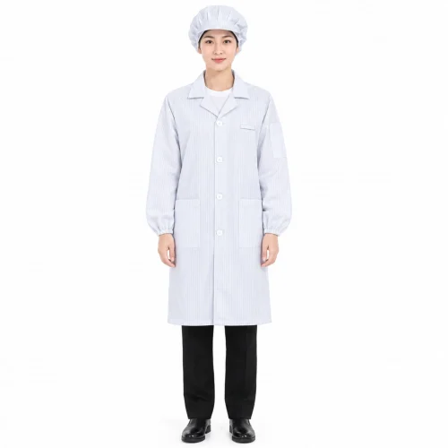 Áo choàng phòng sạch tĩnh điện màu trắng sọc đen chống tĩnh điện của Phú Hoàng Uniform