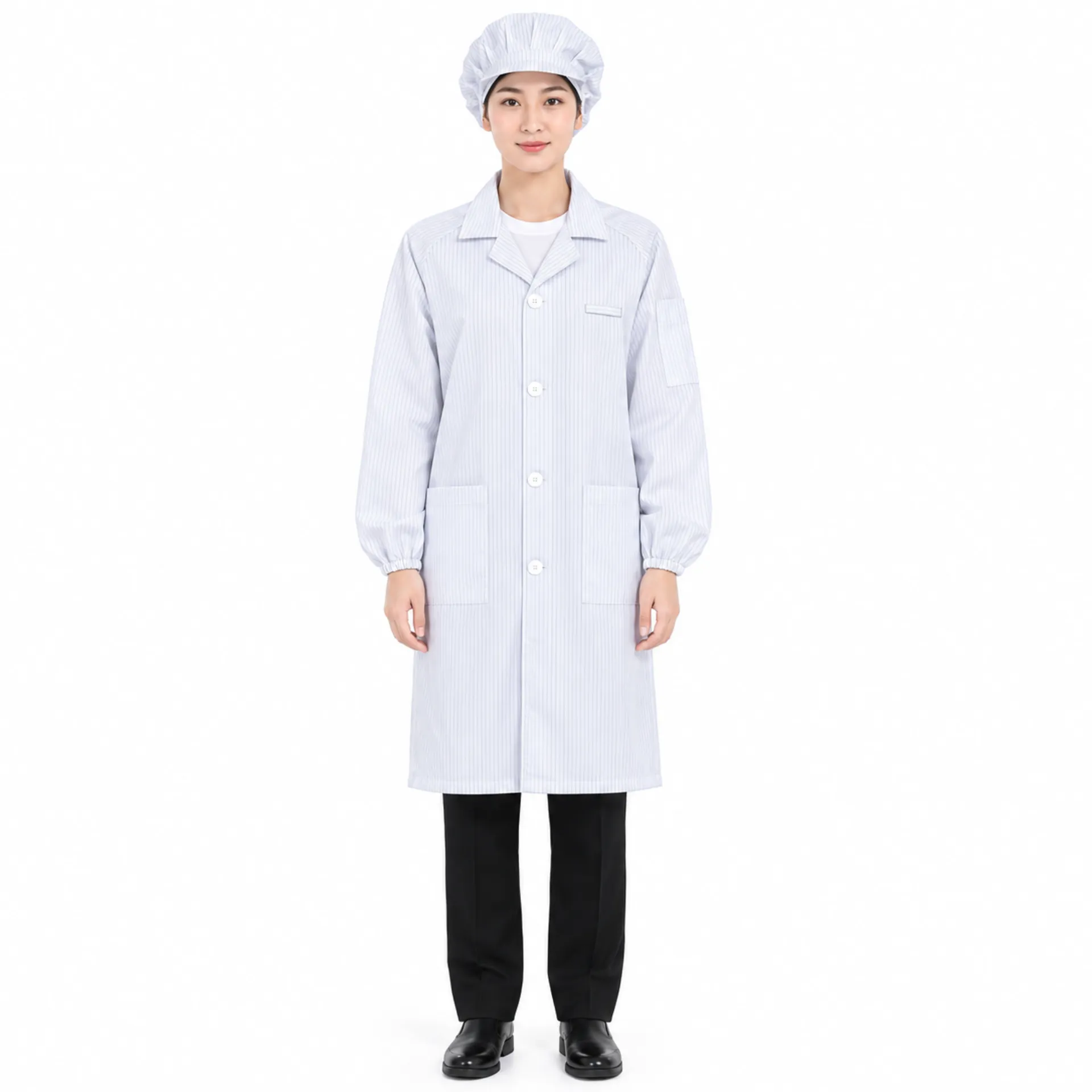 ao-choang-phong-sach-chong-tinh-dien-mau-trang 15 Áo choàng phòng sạch tĩnh điện màu trắng sọc đen chống tĩnh điện của Phú Hoàng Uniform