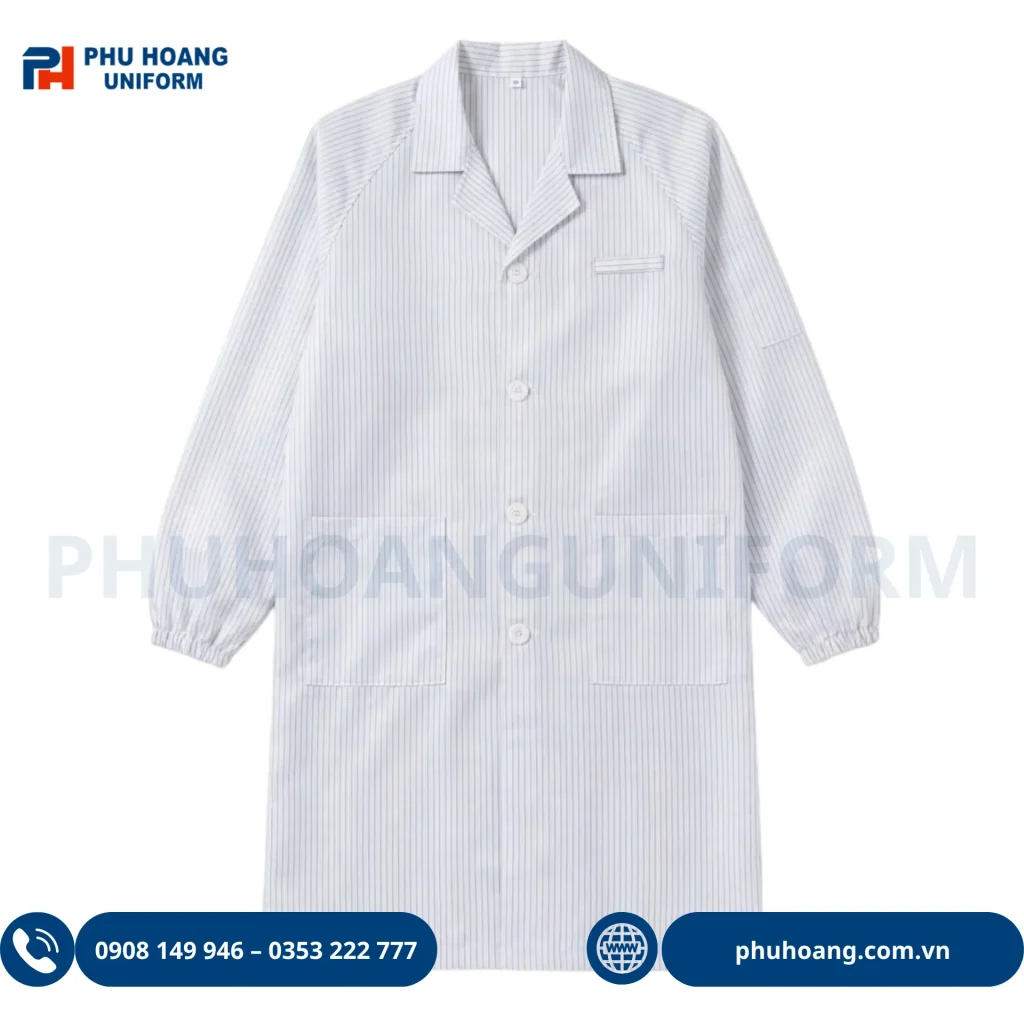 Áo choàng phòng sạch chống tĩnh điện màu trắng sọc đen chống tĩnh điện của Phú Hoàng Uniform Áo choàng phòng sạch chống tĩnh điện màu trắng sọc đen chống tĩnh điện của Phú Hoàng Uniform