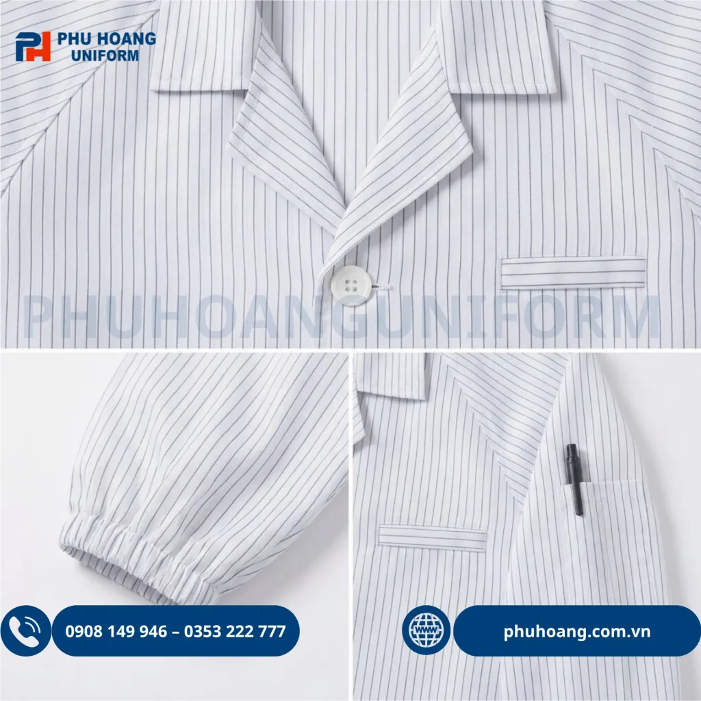 Áo choàng phòng sạch chống tĩnh điện màu trắng sọc đen chống tĩnh điện của Phú Hoàng Uniform Áo choàng phòng sạch chống tĩnh điện màu trắng sọc đen chống tĩnh điện của Phú Hoàng Uniform
