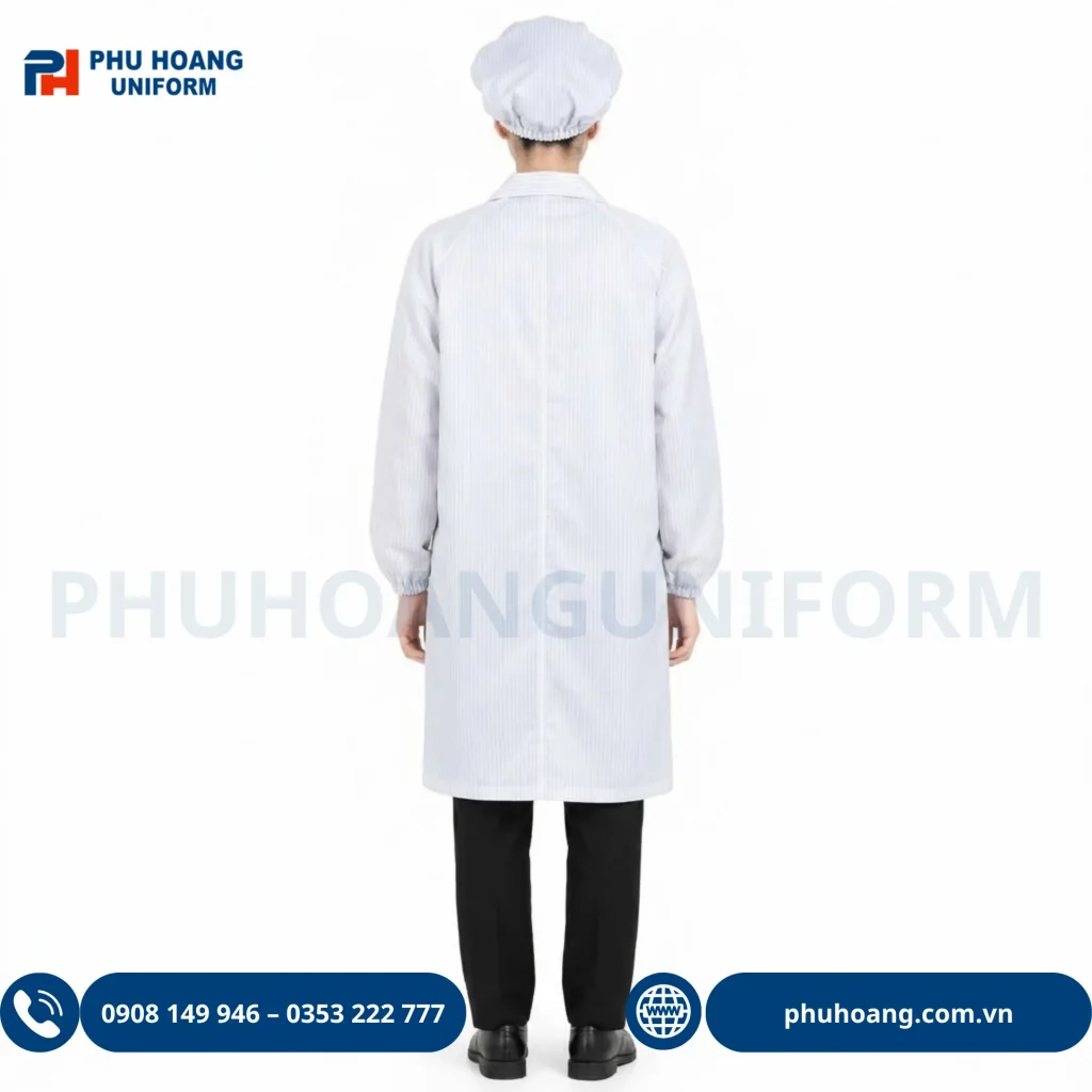 Áo choàng phòng sạch chống tĩnh điện màu trắng sọc đen chống tĩnh điện của Phú Hoàng Uniform Áo choàng phòng sạch chống tĩnh điện màu trắng sọc đen chống tĩnh điện của Phú Hoàng Uniform