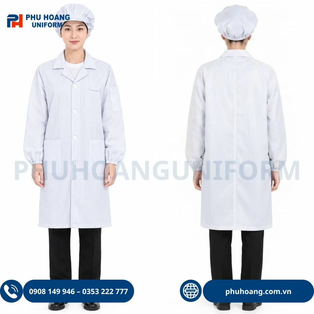 Áo choàng phòng sạch chống tĩnh điện màu trắng sọc đen chống tĩnh điện của Phú Hoàng Uniform Áo choàng phòng sạch chống tĩnh điện màu trắng sọc đen chống tĩnh điện của Phú Hoàng Uniform