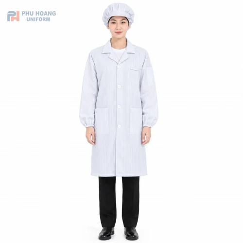 Áo choàng phòng sạch tĩnh điện màu trắng sọc đen chống tĩnh điện của Phú Hoàng Uniform