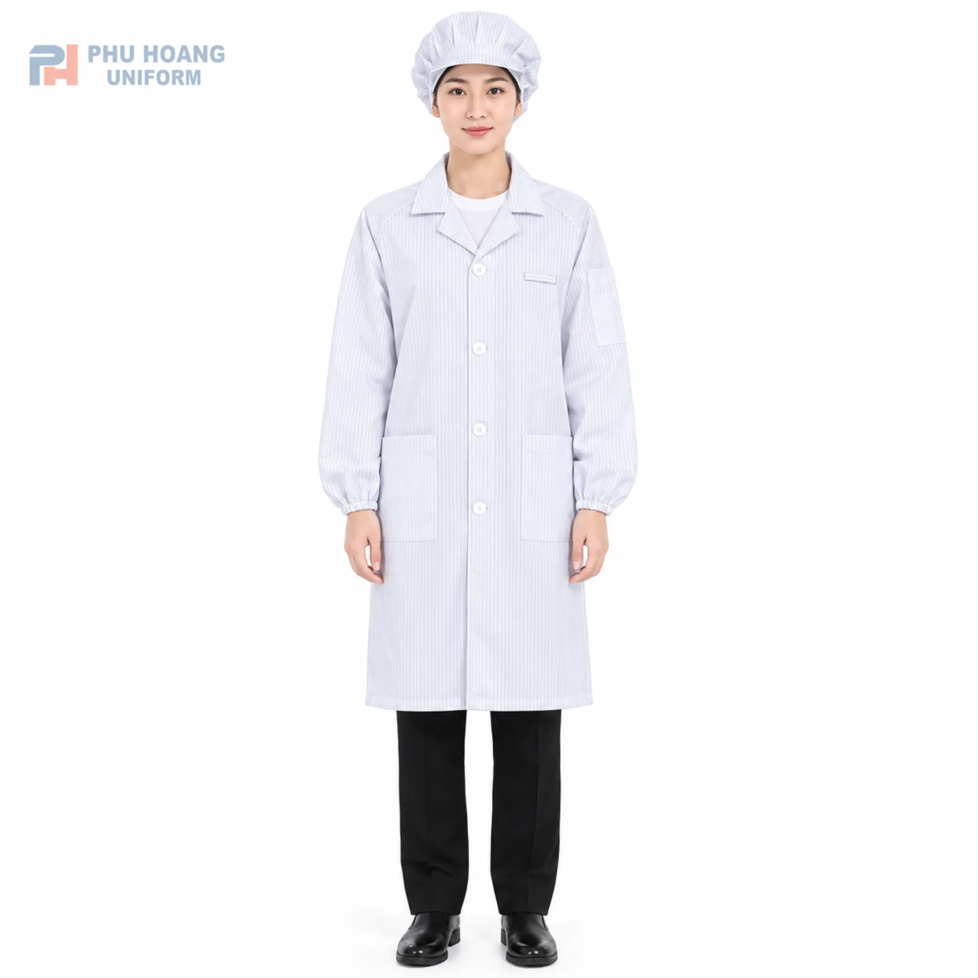 ao-choang-phong-sach-chong-tinh-dien-mau-trang Áo choàng phòng sạch tĩnh điện màu trắng sọc đen chống tĩnh điện của Phú Hoàng Uniform