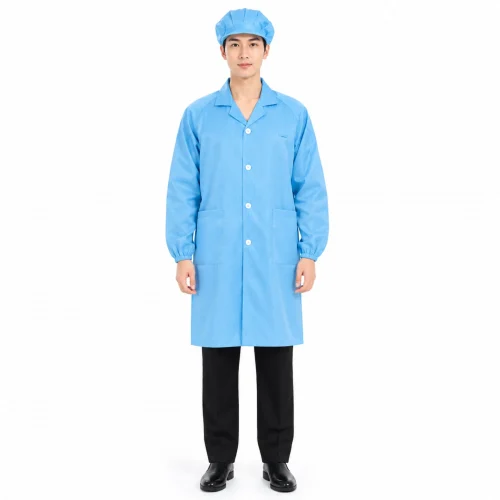 Áo phòng sạch chống tĩnh điện màu xanh cao cấp, chất liệu polyester pha sợi carbon đạt chuẩn an toàn 10^6 - 10^9 Ohm